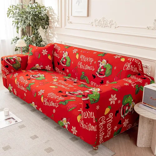 Vista 3 de Yiran Funda elástica para sofá de Navidad, protector de muebles rojo con Santa Claus y copos de nieve, funda para sofá con parte inferior elástica
