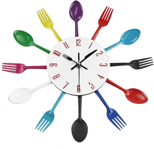 Vista 2 de Reloj de pared para cocina, cubiertos de cocina, reloj de pared con tenedores y cucharas 3D extraíble moderno y creativo reloj de pared para Colorido