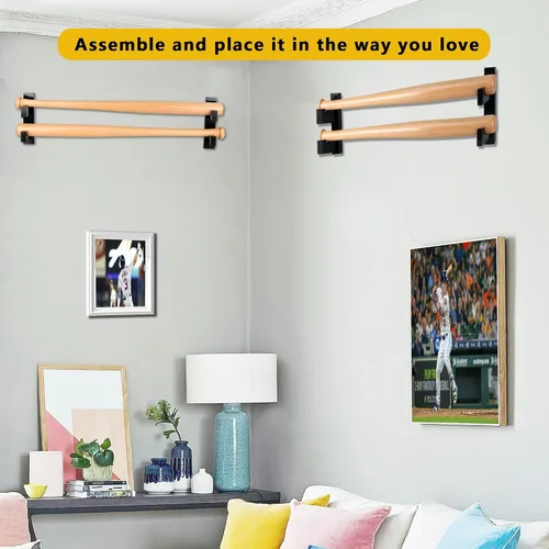 Vista 3 de Invech 2 Baseball Bat Holder, Wall Mount Display Case,Sturdy Wood Horizontal Rack & Bracket for softball bat or Lightsaber, Bat Souvenir Stand with