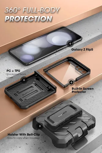 Vista 4 de SUPCASE Funda para Samsung Galaxy Z Flip 5 con Soporte y Clip para Cinturón (Unicorn Beetle Pro), [Protección de Bisagra]