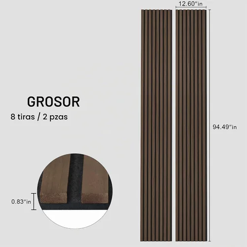 Vista 4 de ROOMTEC Paquete de 2 paneles acústicos de pared de madera maciza, paneles de pared insonorizados de 94.49 x 12.6 pulgadas, paneles de pared de Nogal
