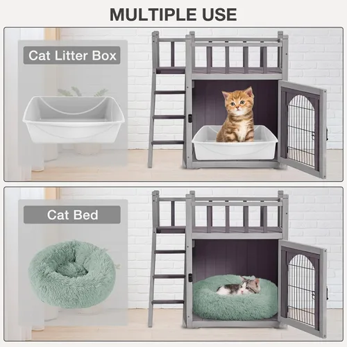 Vista 3 de Casa de gato para interiores y exteriores, refugio de gatos de madera con puerta de alambre bloqueable, balcón y escaleras