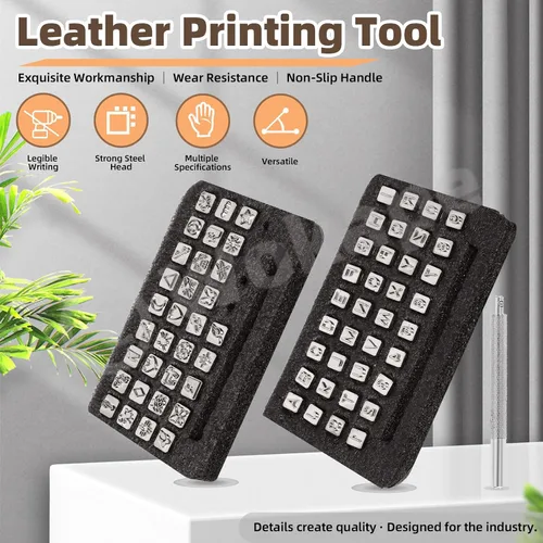 Vista 3 de Wokape 70 herramientas de estampado de cuero para manualidades, letras mayúsculas y patrones con 32 impresiones de alfabeto de 1/4 pulgadas / 0.256