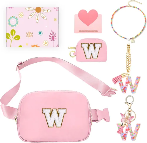 Vista 44 de Regalos de moda para niñas adolescentes, cangurera con monograma para niña con llavero, collar, dijes de taza, tarjeta de felicitación y caja