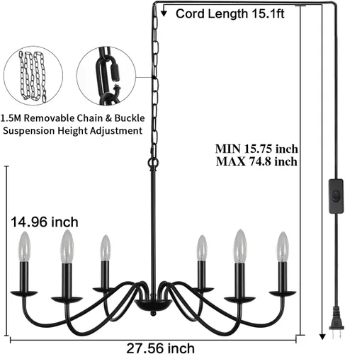 Vista 6 de LASENCHOO Lámpara de araña con enchufe negra de 6 luces Lámpara colgante con enchufe Luces colgantes con cable de enchufe de 15.1 pies