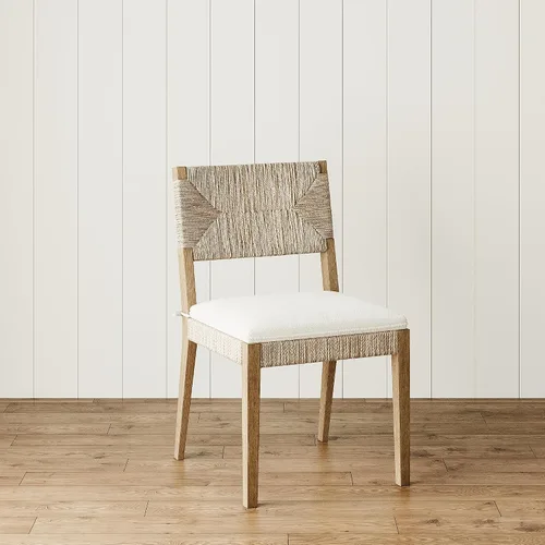 Vista 3 de Nathan James Silla de comedor Beacon Boho, silla de comedor Boucle con acento de fibra de mar y patas de madera maciza, crema Boucle/marrón claro