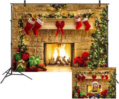 Vista 12 de LB Telones de fondo de chimenea de Navidad para fotografía de 5 x 3 pies, calcetines de árbol de Navidad, regalos de Año Nuevo, para niños