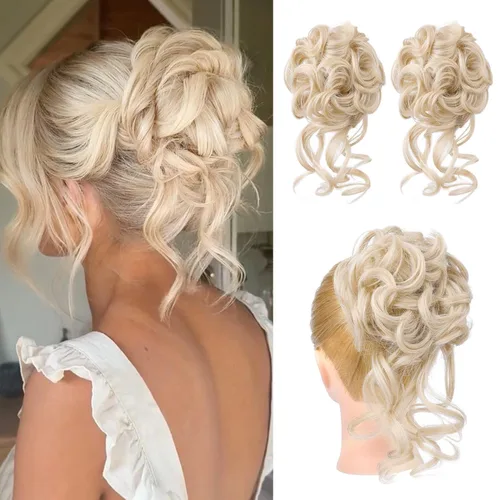 Vista 16 de HOOJIH 2 piezas de extensiones de cabello estilo moño despeinado, extensiones de cabello rizado y ondulado con tiras, cola de caballo, horquillas