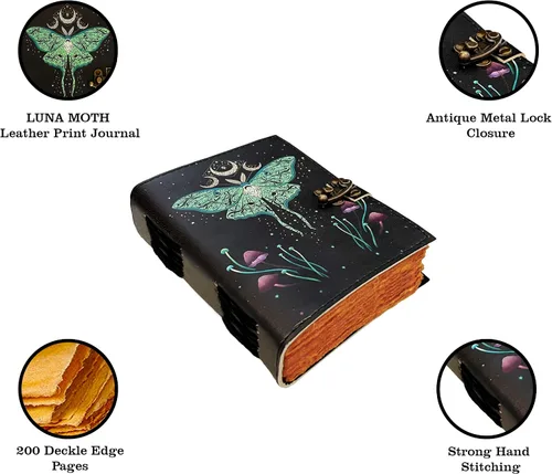 Vista 4 de AL HAZZA - Diario de cuero del libro de hechizos, diario de grimorio con motivo de luna y mariposa Morpho, cuaderno Wiccan vintage antiguo