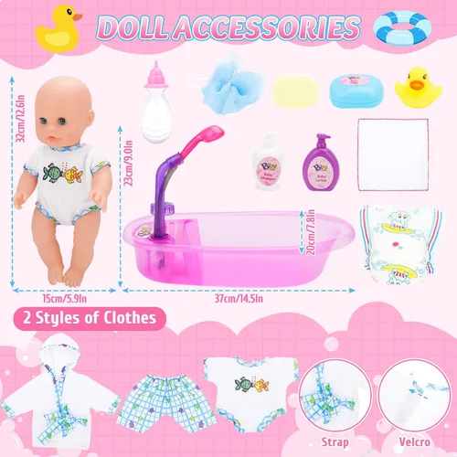Vista 6 de deAO Juego de muñeca bebé, juego de muñeca de 13 pulgadas para hora del baño con spray de ducha funcional y accesorios para niños, muñeca bebé