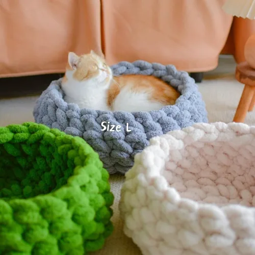 Vista 3 de Cama nido para gatos, tejida a mano, lavable, redonda, gatito cueva (blanco nube, L)