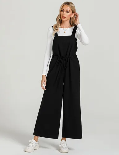 Vista 3 de luvamia Overol para mujer, ajuste holgado, de punto gofre, holgado, de pierna ancha, overol cómodo, informal, pantalón largo
