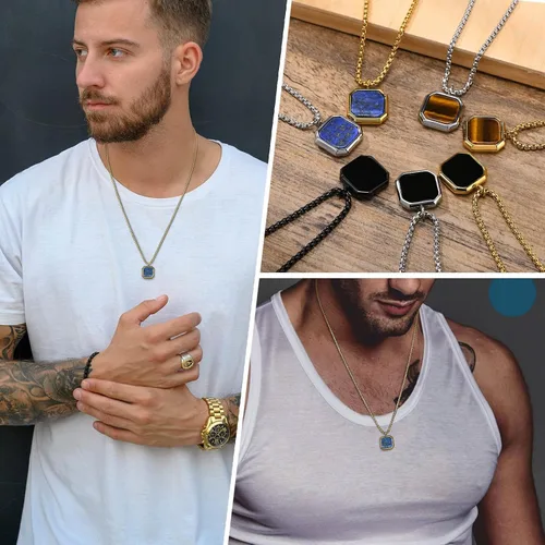 Vista 7 de MEALGUET Collar de acero inoxidable para hombre, piedra natural cuadrada, colgante de ágata de ojo de tigre, collar geométrico minimalista