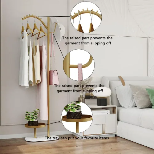 Vista 2 de Perchero minimalista dorado con base de mármol Tu centro de puesta en escena personal para trajes y elementos esenciales Perchero moderno