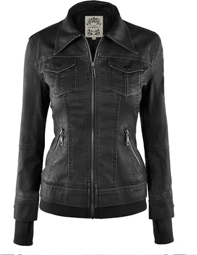 Vista 3 de Chaqueta Made By Johnny MBJ de piel sintética, estilo motociclista, con capucha, para mujer