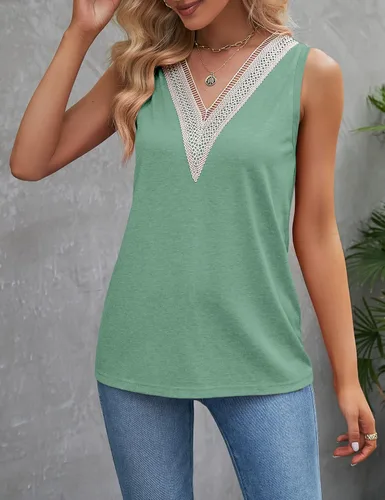 Vista 2 de TECREW Camiseta sin mangas con cuello en V y ribete de encaje para mujer, blusa holgada de verano