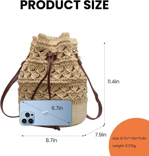 Vista 3 de Bolsa de paja para mujer, bolsa de playa tejida de verano con cordón de ajuste, bolso de mano para vacaciones (beige)