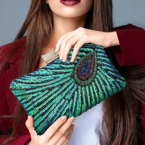 Vista 7 de BWKUNOLF Bolsos de mano de lentejuelas con cuentas de pavo real para fiesta y boda