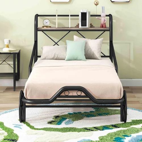Vista 7 de Cama individual para automóvil con 4 ruedas, barandillas, estante de almacenamiento para niños, adolescentes, niños y niñas, marco de cama