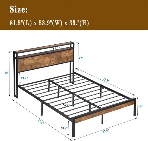 Vista 2 de Base de cama industrial tamaño matrimonial, marco de cama de plataforma con tomas de corriente y 2 puertos USB y con cabecera de almacenamiento de 2