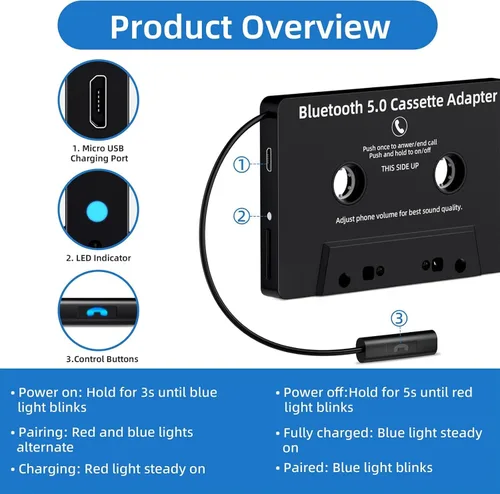 Vista 6 de Mersoco - Receptor de casete Bluetooth para automóvil, reproductor de cinta BT 5.0, adaptador auxiliar de casete con manos libres