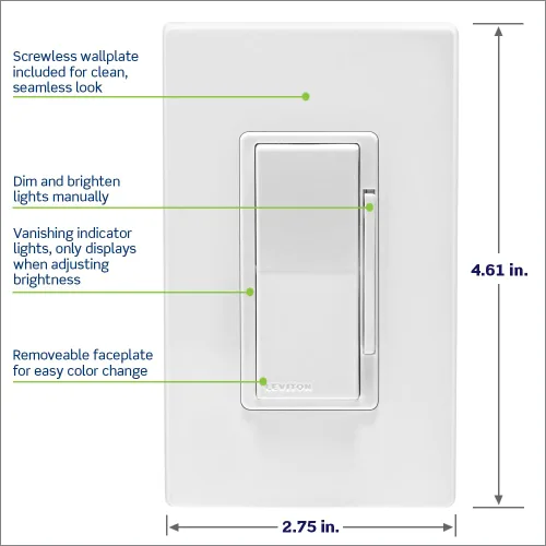 Vista 5 de Leviton Decora Smart Dimmer Z-Wave Serie 800, ZW6HD-1RW, Blanco
