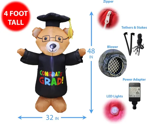 Vista 6 de Paquete de dos decoraciones de fiesta de graduación, incluye un oso de peluche marrón inflable de 4 pies de alto con gorra y gafas de bata, y mano