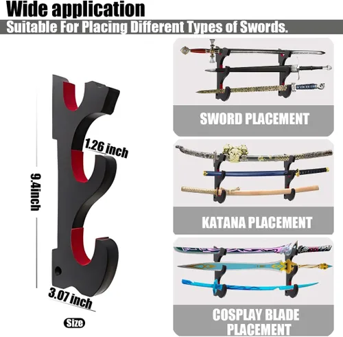 Vista 3 de Soporte de espada de 3 niveles, soporte de madera para katana, soporte de pared para espada samurái, soporte de pared para espada de cosplay, sable