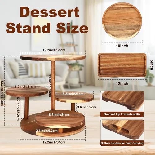 Vista 3 de Hushee Juego de 4 soportes redondos de madera para cupcakes con bandejas para servir, bandeja de madera de 4 niveles para pasteles con 1 plato