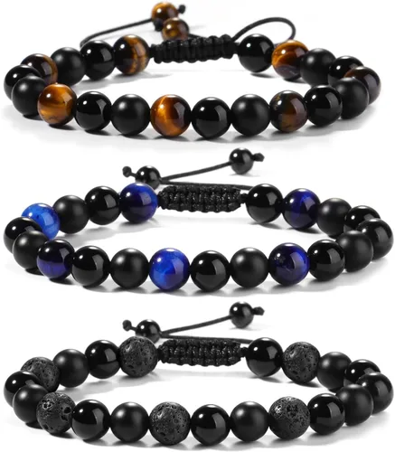 Vista 31 de Pulseras de cuentas negras para hombres y niños: 0.236 in de obsidiana ónix cuentas de lava para hombre conjunto de pulseras para hombre - Genial
