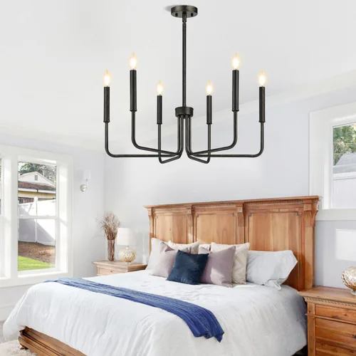 Vista 8 de Lynnoland - Candelabros de 6 luces de granja para comedor, accesorios de iluminación colgantes, lámparas industriales modernas para dormitorio Negro