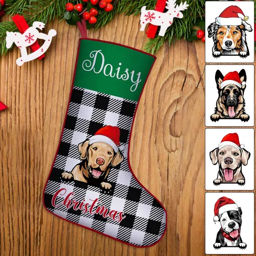 Vista 30 de Medias de Navidad de raza de perro personalizadas con texto de nombre, regalos de decoración de calcetines de Navidad personalizados para perros