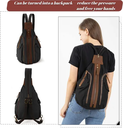 Vista 3 de Jannloe Bolso bandolera de lona, mochila cruzada pequeña para mujeres y hombres, mochila casual de hombro al aire libre, mochila de senderismo