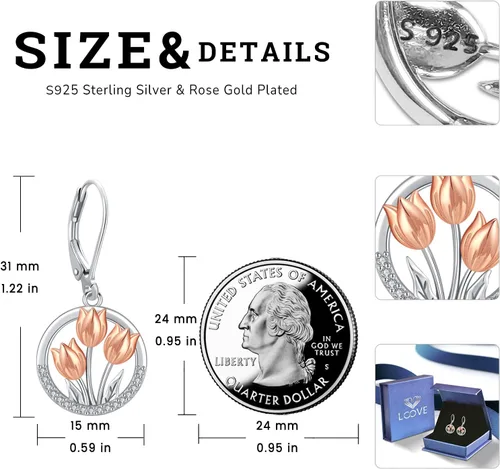 Vista 296 de Aretes colgantes de plata de ley con diseño de árbol de la vida, flor, abeja, animales, gato, colibrí, piedra lunar, turquesa, aretes con cierre