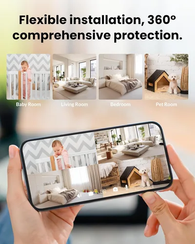 Vista 6 de Cámara de seguridad de doble lente para interiores 5G/2.4G WiFi, cámara para mascotas 2K+2K con inclinación panorámica para el hogar, monitor