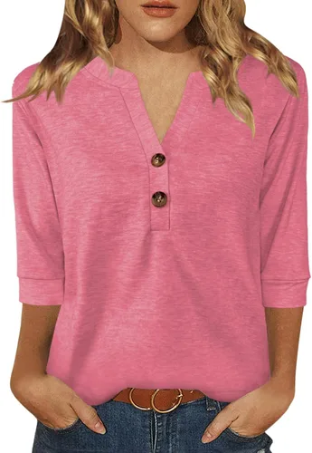 Vista 13 de Dimur Camisetas de manga 3/4 con cuello en V y botones para mujer, traje casual de negocios, camiseta básica de verano 2025