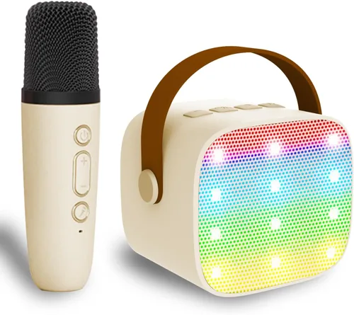 Vista 13 de Mini máquina de karaoke para niños y adultos, juguetes para niños y niñas, regalos para niñas y niños, altavoz Bluetooth con 2 micrófonos Beige