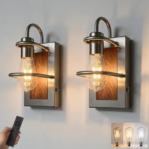 Vista 11 de Luces de pared vintage a pilas con acabado de madera sintética, lámpara de pared regulable, sin cableado, fácil de instalar, aplique de pared