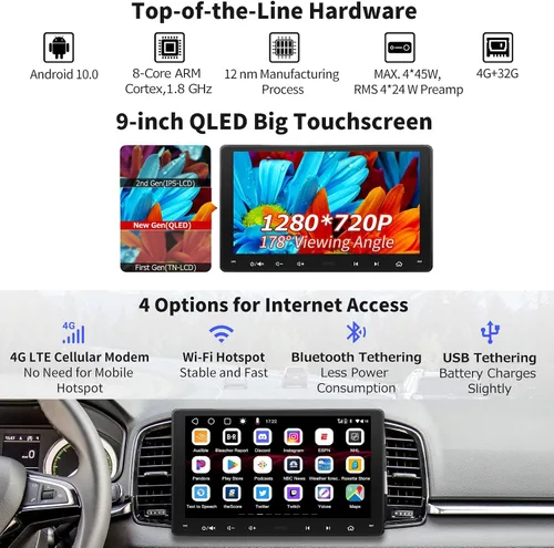 Vista 2 de 8-Core 9" QLED pantalla táctil doble DIN Android estéreo para coche y cámara frontal 1080P, S8 Gen3 4G+32G AI Chat inalámbrico CarPlay Android Auto