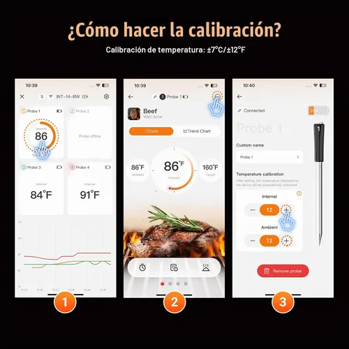 Vista 5 de Termómetro inalámbrico para carne con 4 sondas WiFi con base independiente de pantalla LCD legible en 360°, WiFi y Bluetooth 5.3 de alcance