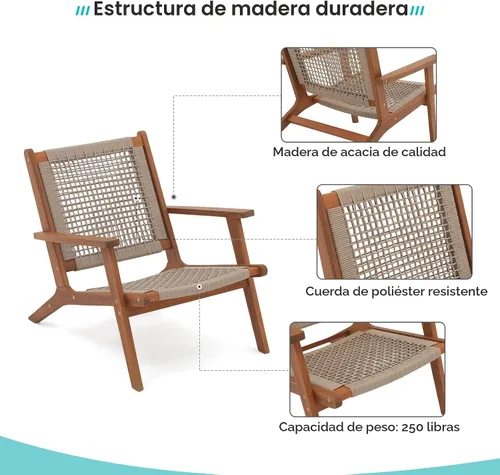 Vista 4 de Verano Garden Juego de 2 sillas de patio, sillón moderno de madera de acacia con cuerda tejida a mano para patio, sala de estar, dormitorio, balcón