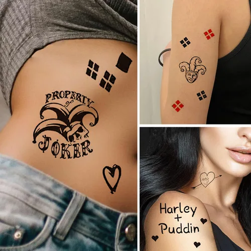 Vista 2 de 3 hojas de tatuajes temporales de sede del escuadrón suicida, calcomanía de tatuaje HQ perfecta para Halloween, cosplay, disfraces y accesorios