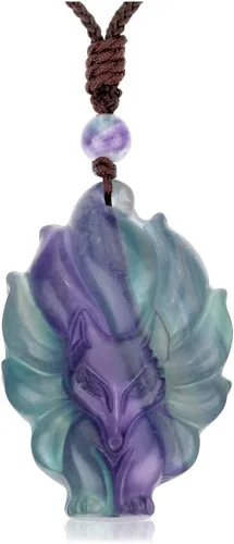 Vista 2 de Jovivi Paquete – 2 artículos Collar de zorro de cristal de fluorita natural + collar de zorro de obsidiana de hielo, collares de piedras preciosas