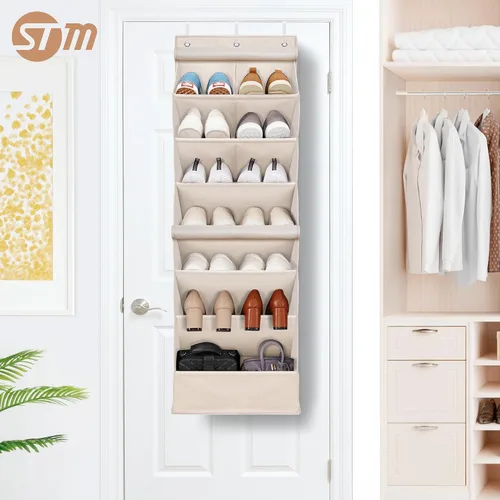 Vista 9 de STORAGE MANIAC Organizador de zapatos para colgar sobre la puerta con cortina, resistente al polvo, organizador de zapatos grande y profundo