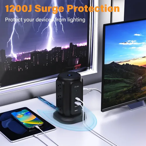 Vista 6 de Regleta de enchufe plano ultradelgada de 6.5 pies 9 Outlets and 5 USB Ports (2 USB C), 1200J Surge Protector, Ultra Thin Extension Cord, 45°