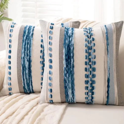 Vista 18 de Fundas de almohada decorativas estilo bohemio de 18x18, juego de 2, para sofá, cama, fundas de cojín cuadradas a rayas para granja, fundas