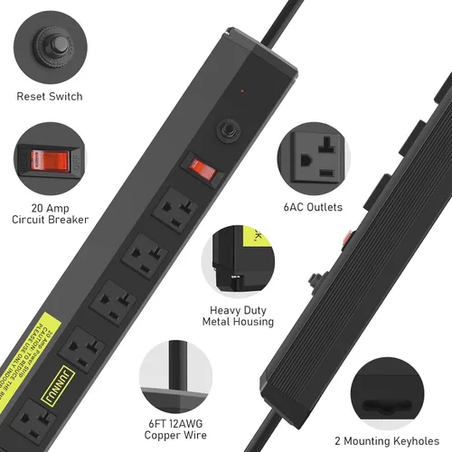 Vista 2 de JUNNUJ Regleta protectora contra sobretensiones de 20 amperios 4800J, paquete de 2 unidades, resistente de 6 tomas, montaje multiángulo de metal