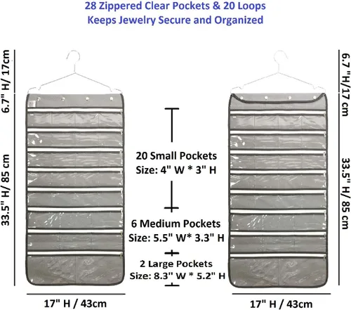 Vista 3 de Organizador de joyas colgante de doble cara con colgador para armario, collar, aretes, pulsera, anillo, soporte de viaje