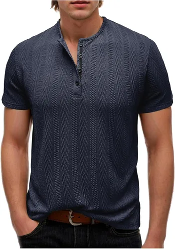 Vista 6 de Men's Knit Henley Shirts Jacquard Texture Fashion Golf Tops Summer Button Down Short Sleeve Casual Workout T-Shirts