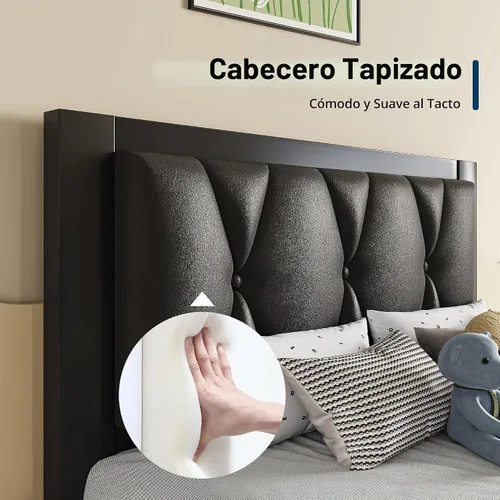 Vista 3 de GalnFu Marcos de Cama de Metal Twin, Marco de Cama de Plataforma Tapizado con Cabecera de Cuero Sintético con Botones Capitoné, No Se Necesita